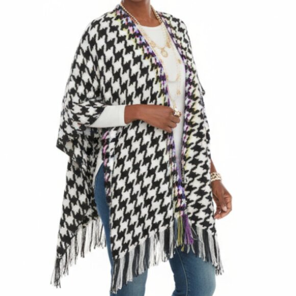 Chico's Ruana Wrap Black and White Houndstooth Print with Fringe Wrap Sz OS - Picture 1 of 12